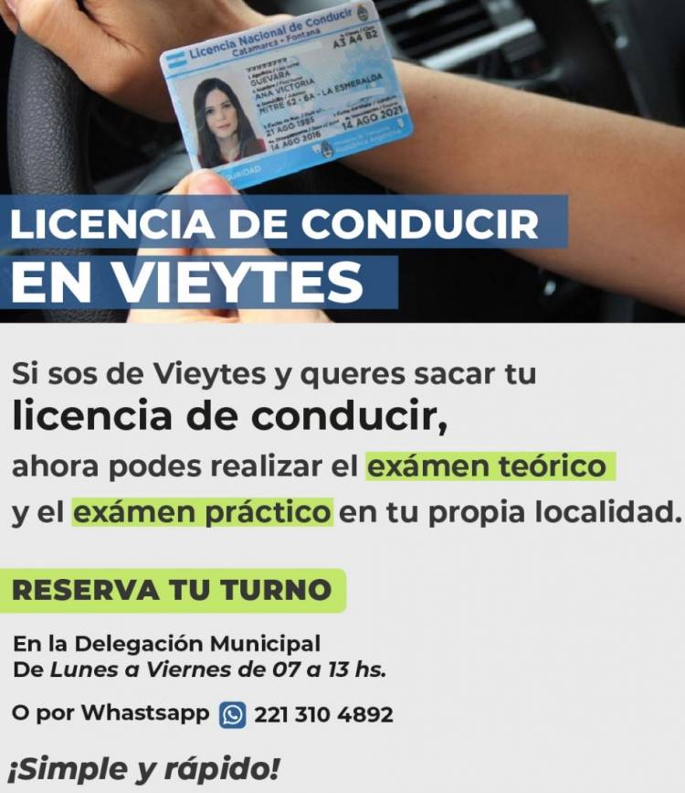 LICENCIA DE CONDUCIR, LOS VECINOS DE VIEYTES YA PODRAN REALIZAR EL TRAMITE EN SU LOCALIDAD